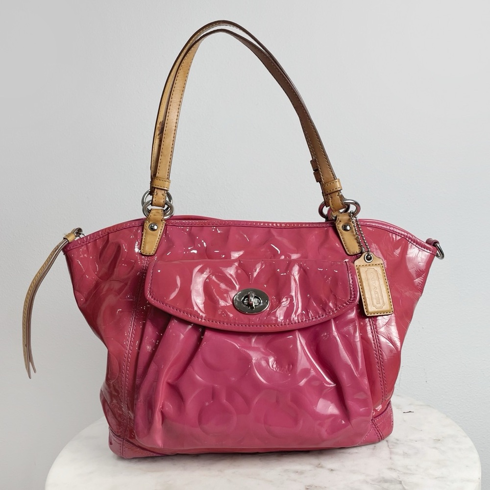 Coach Signature Leah Embossed Pink Patent Leather Tote Purse